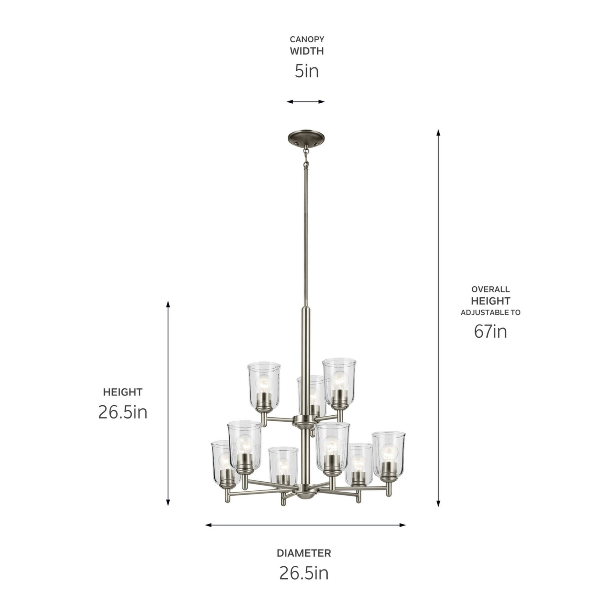 Shailene 27" 9-Light Chandelier, Brushed Nickel Finish, Clear Glass - Bees Lighting