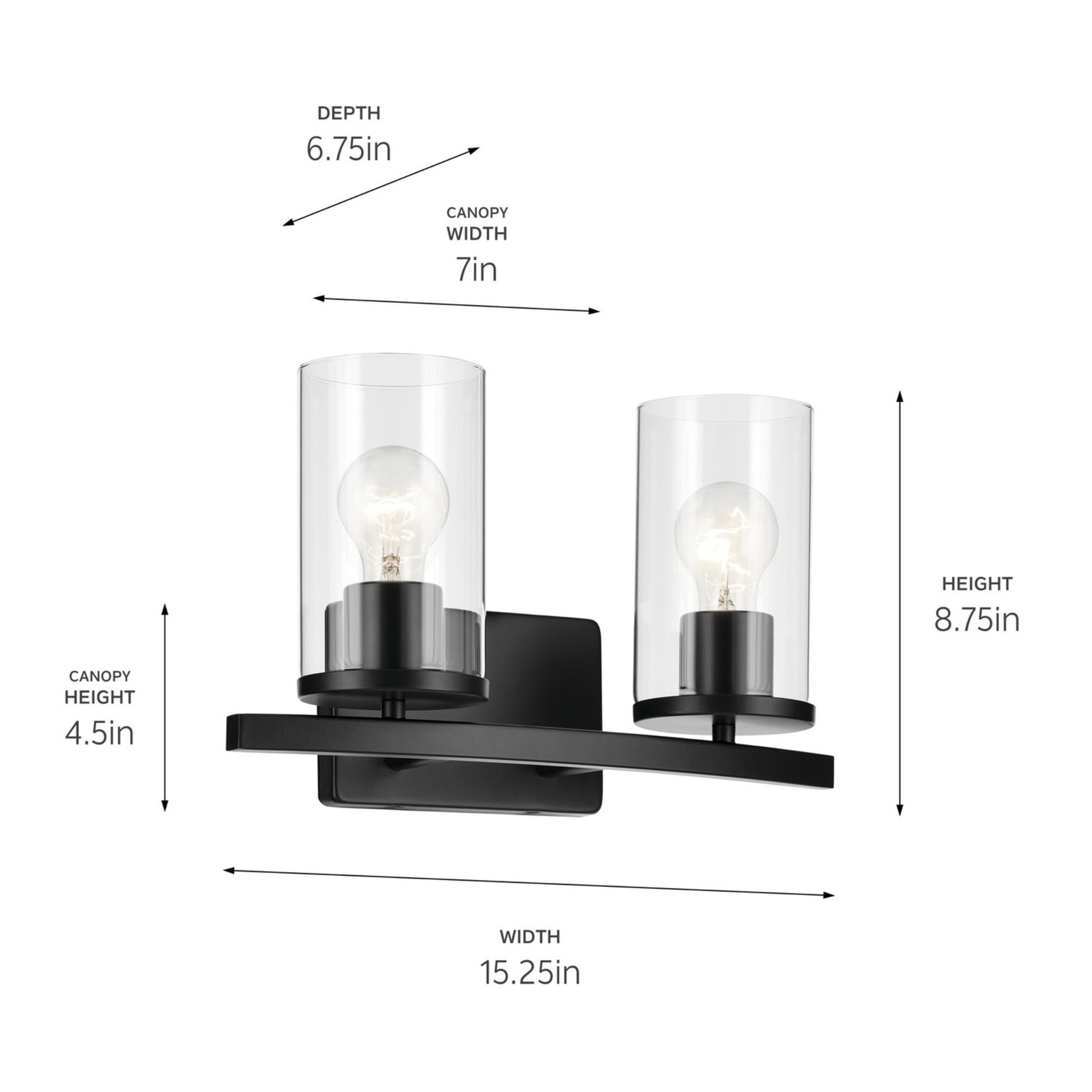 Crosby 15" 2-Light Bath Vanity Light, Black Finish, Clear Glass - Bees Lighting