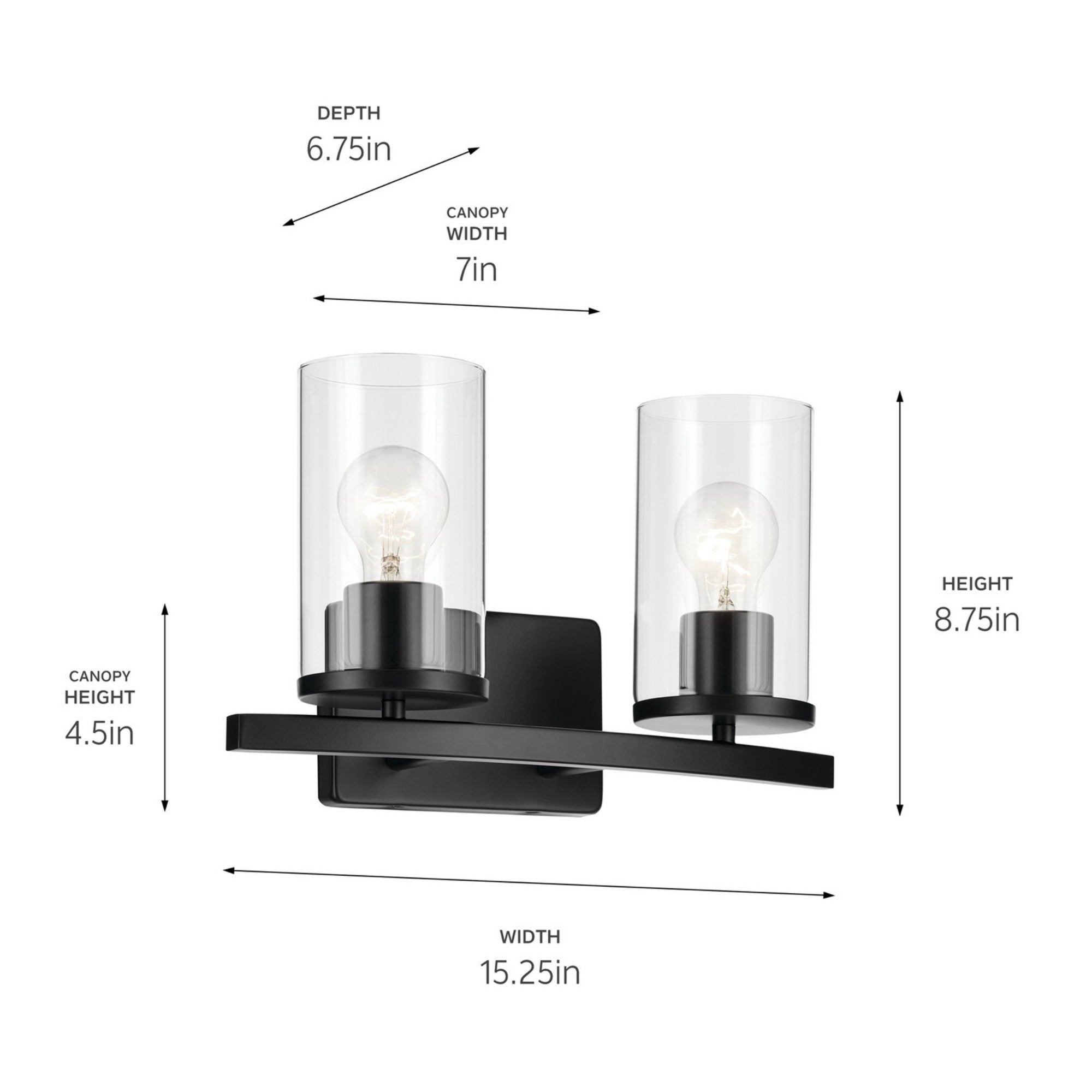 Crosby 15" 2-Light Bath Vanity Light, Black Finish, Clear Glass - Bees Lighting