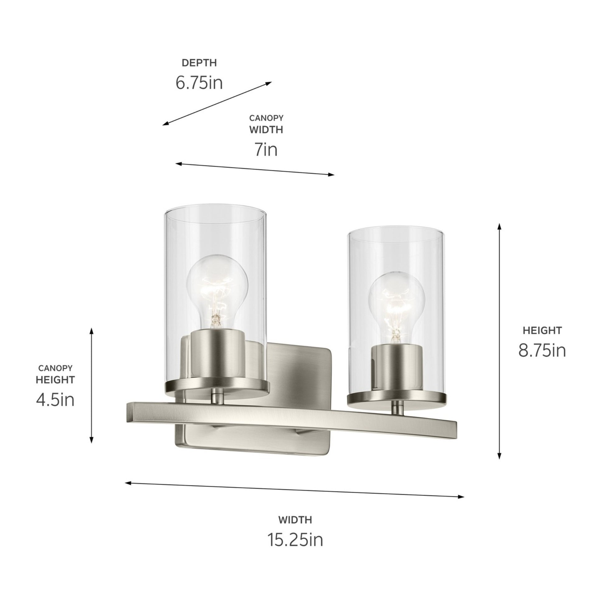 Crosby 15" 2-Light Bath Vanity Light, Brushed Nickel Finish, Clear Glass - Bees Lighting