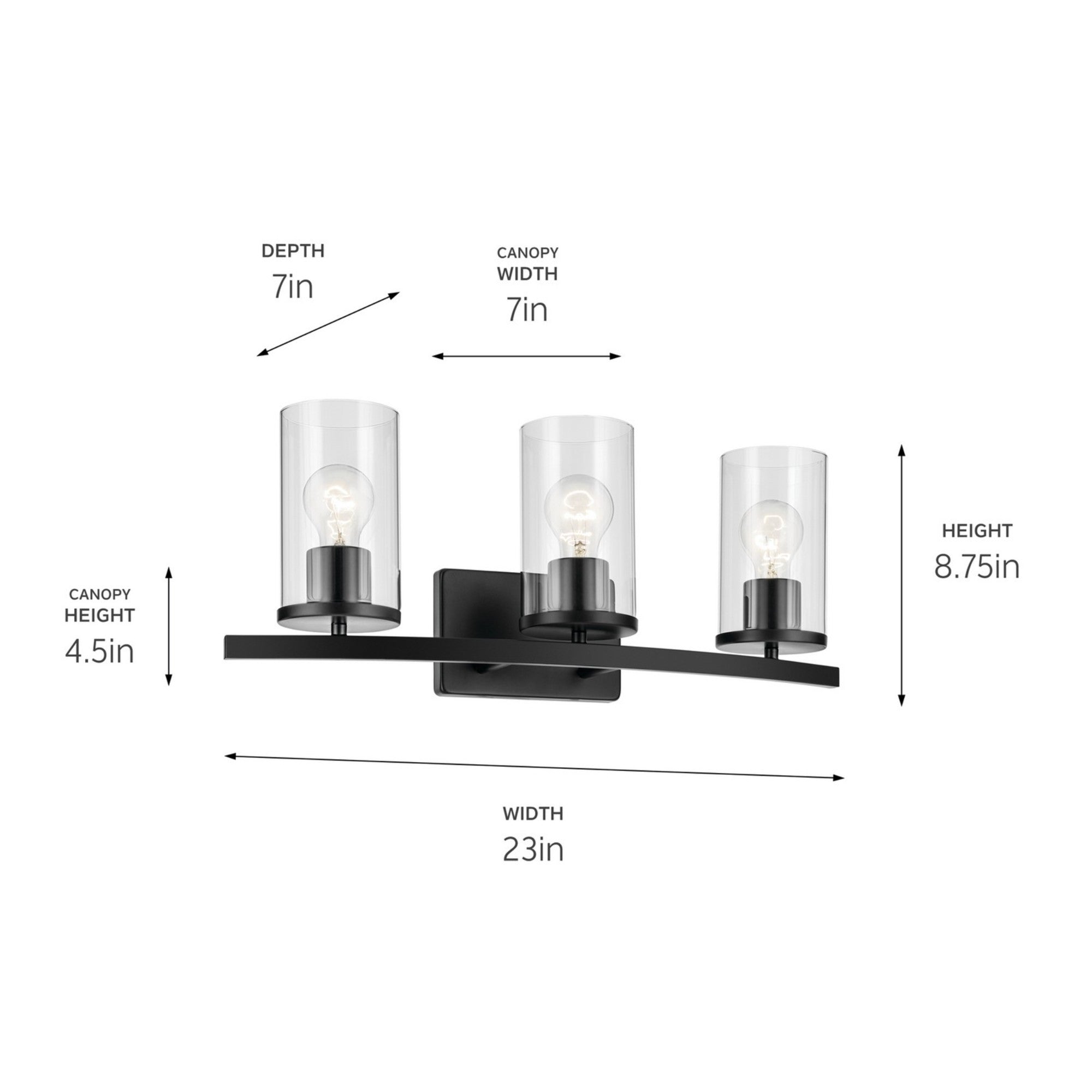 Crosby 23" 3-Light Bath Vanity Light, Black Finish, Clear Glass - Bees Lighting