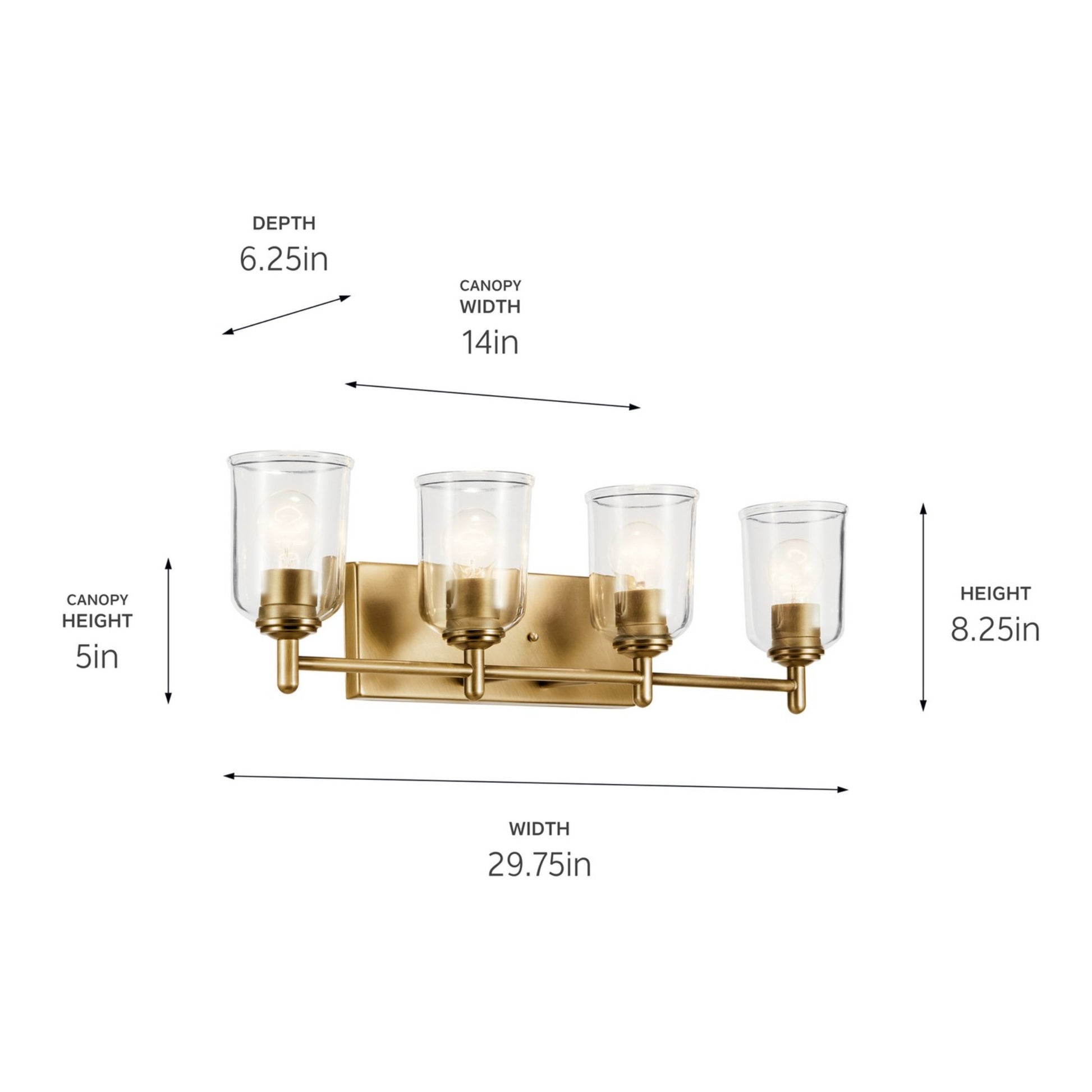 Shailene 30" 4-Light Bath Vanity Light, Natural Brass Finish, Clear Glass - Bees Lighting