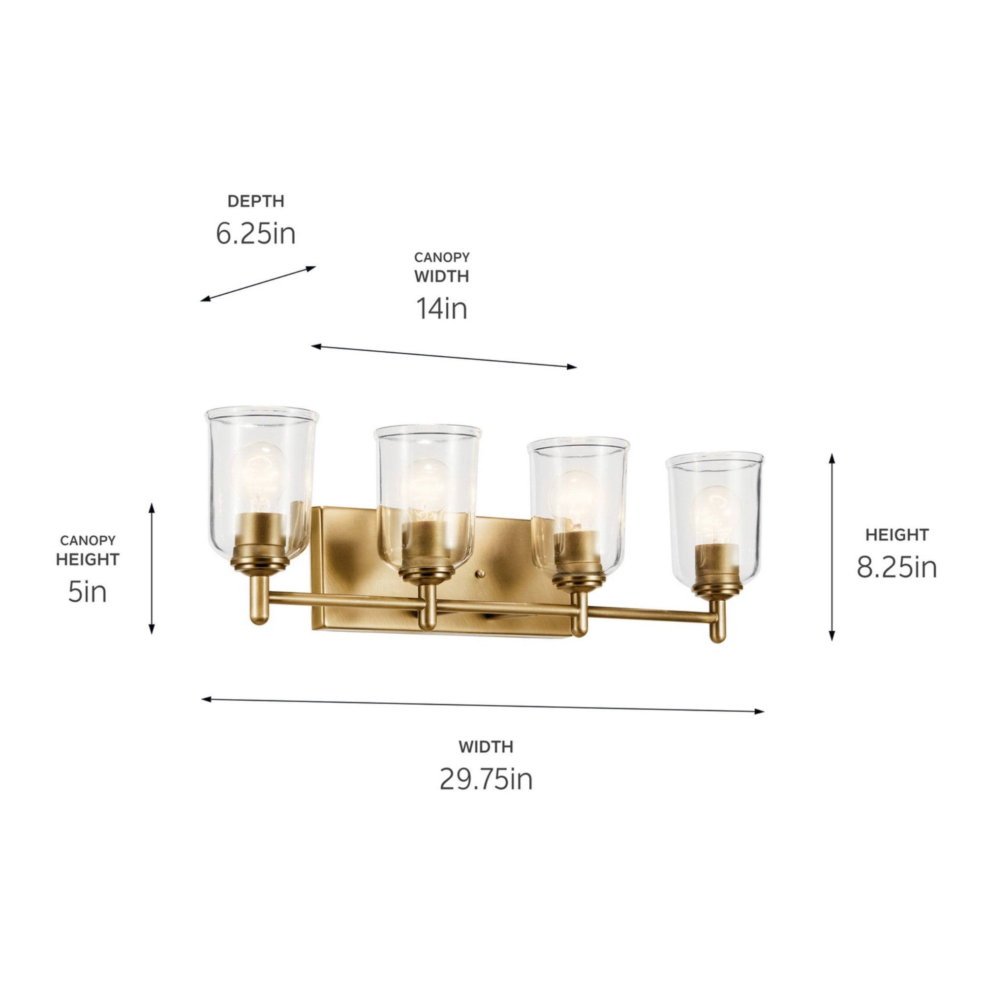 Shailene 30" 4-Light Bath Vanity Light, Natural Brass Finish, Clear Glass - Bees Lighting