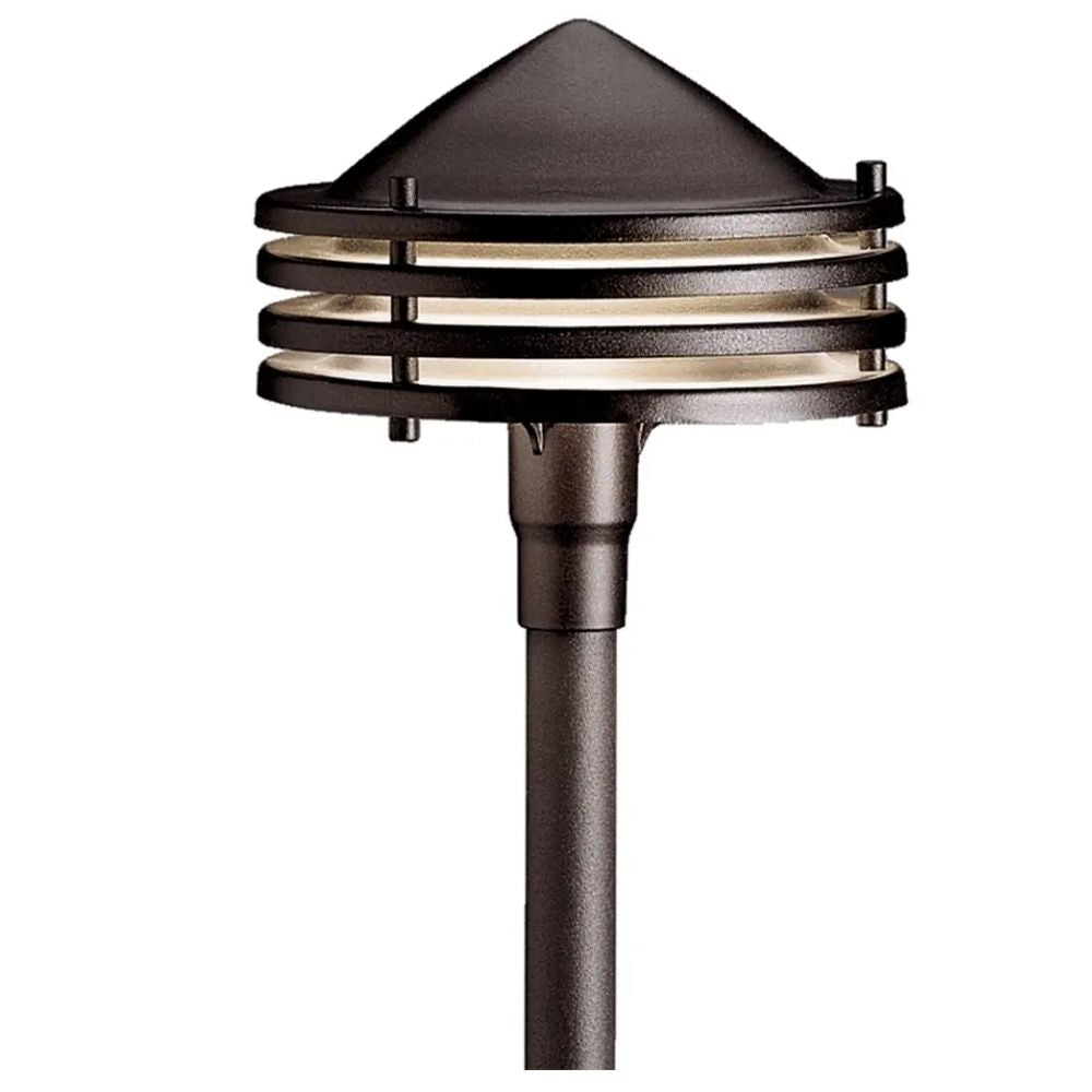Textured architectural bronze path light with slatted cylindrical shade