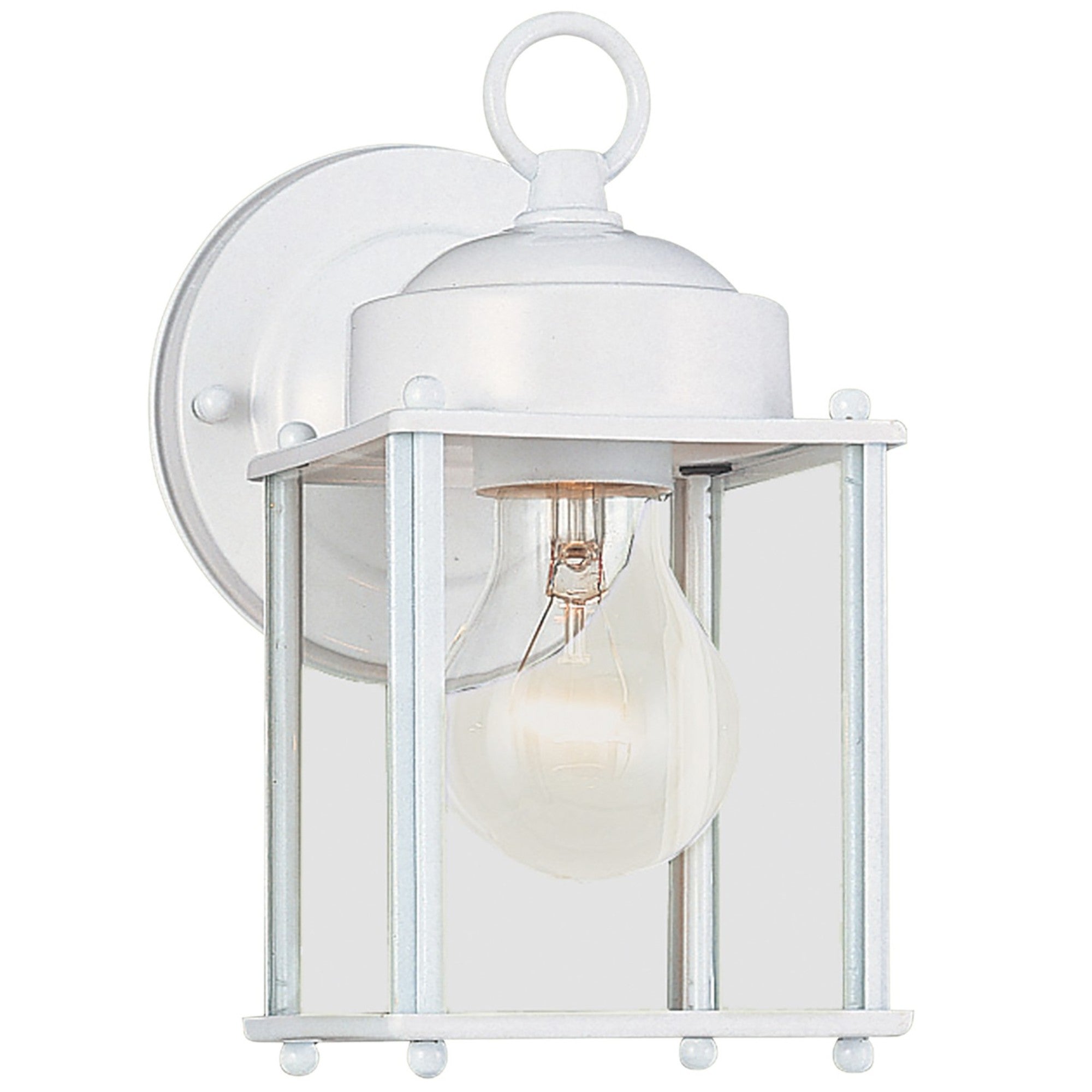 New Castle 8" Small Outdoor Wall Lantern, White Finish with Clear Glass - Bees Lighting