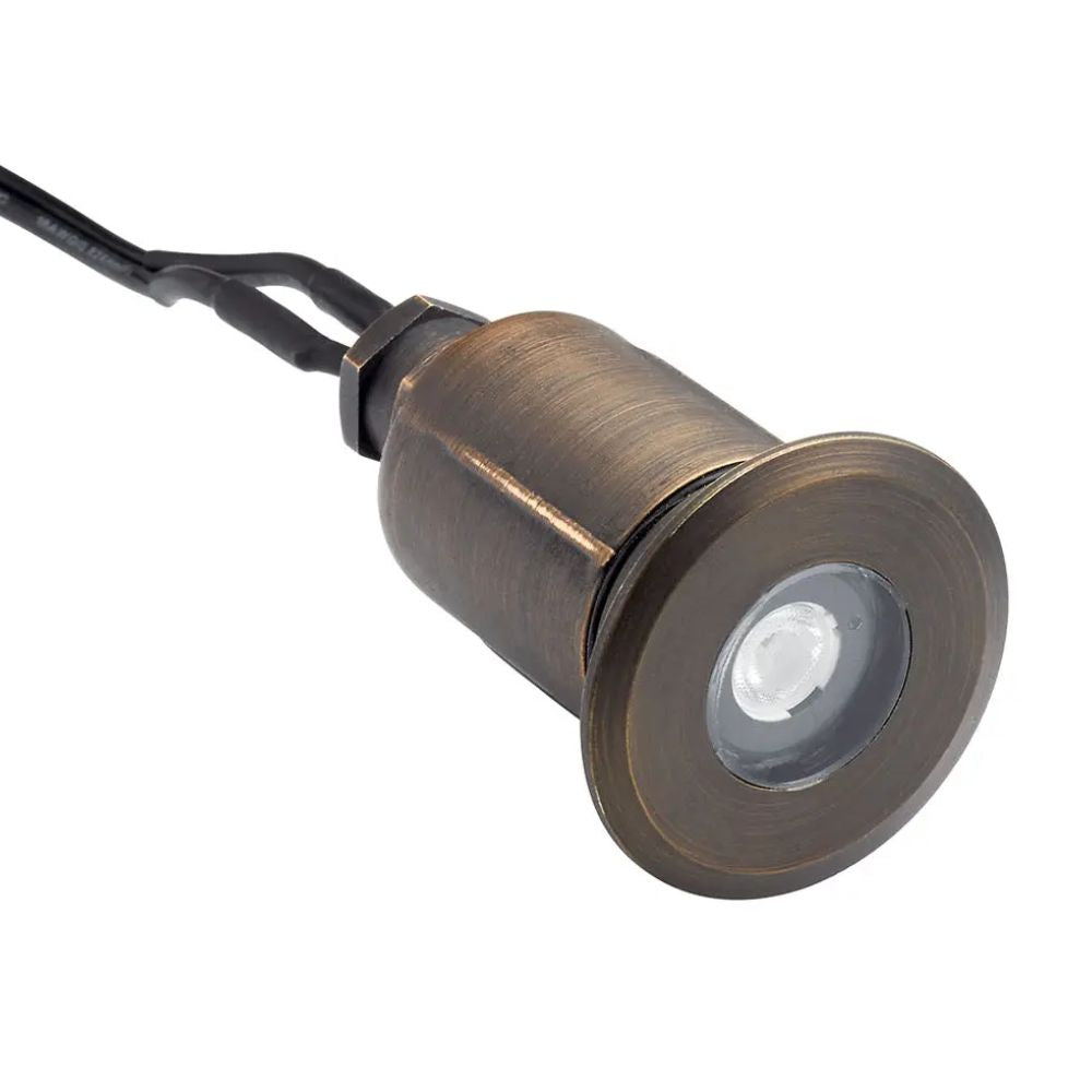 Brass 12V in-ground landscape light, round face with clear lens, angled view