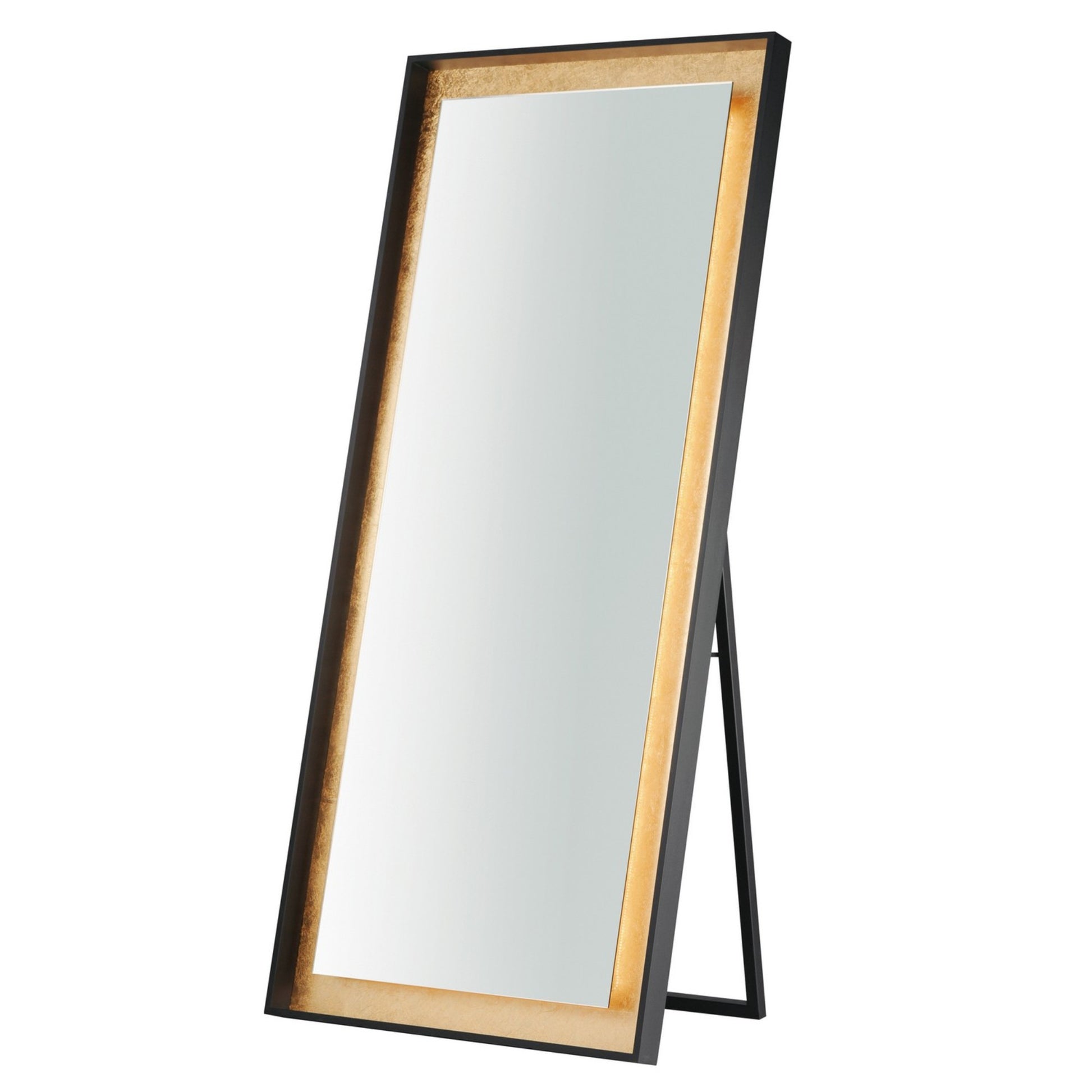 Floating 30" x 67" Free Standing LED Mirror, Gold Leaf & Black Finish - Bees Lighting