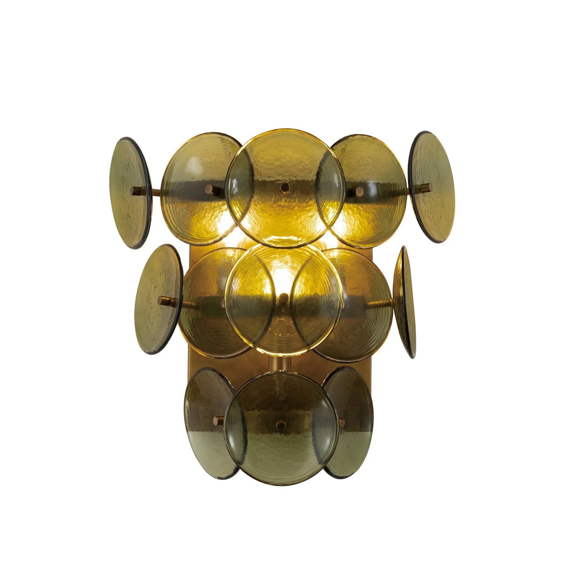 Loren 15" 3-Light Wall Sconce, Weathered Brass Finish, Green Glass - Bees Lighting