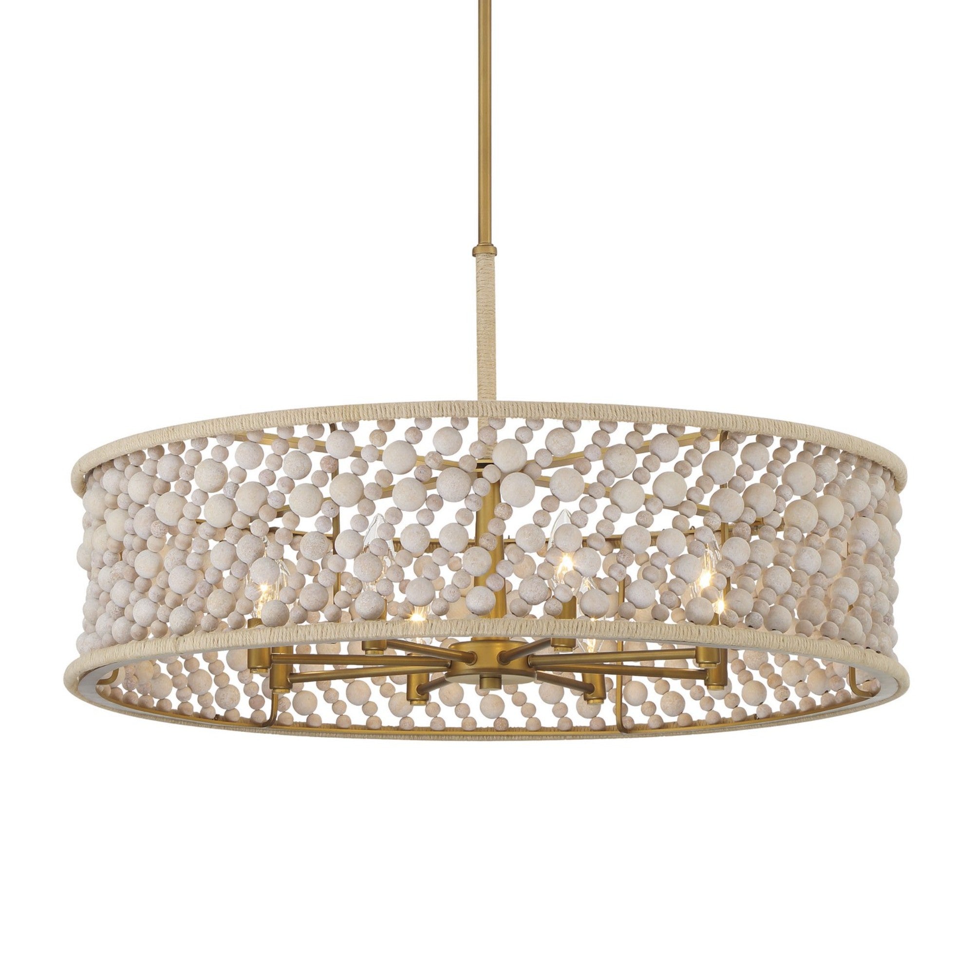 Horsmore 30" 8-Light Pendant, Legacy Brass Finish with Bleached Wooden Beads - Bees Lighting