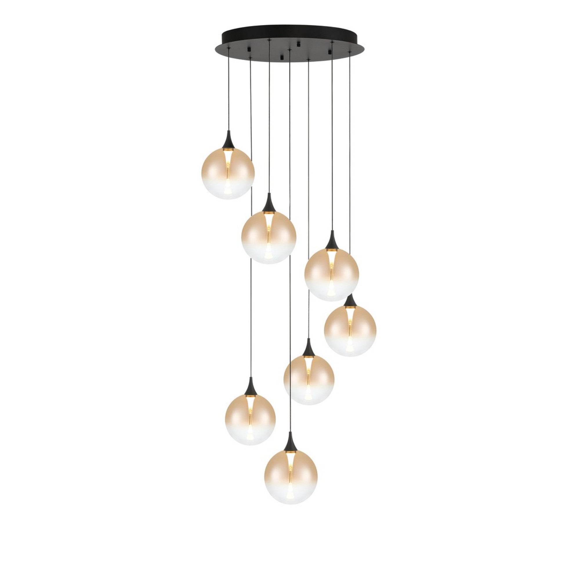 Iissa 7-Light 21" LED Multi Drop Chandelier, Black Finish with Amber Glass - Bees Lighting