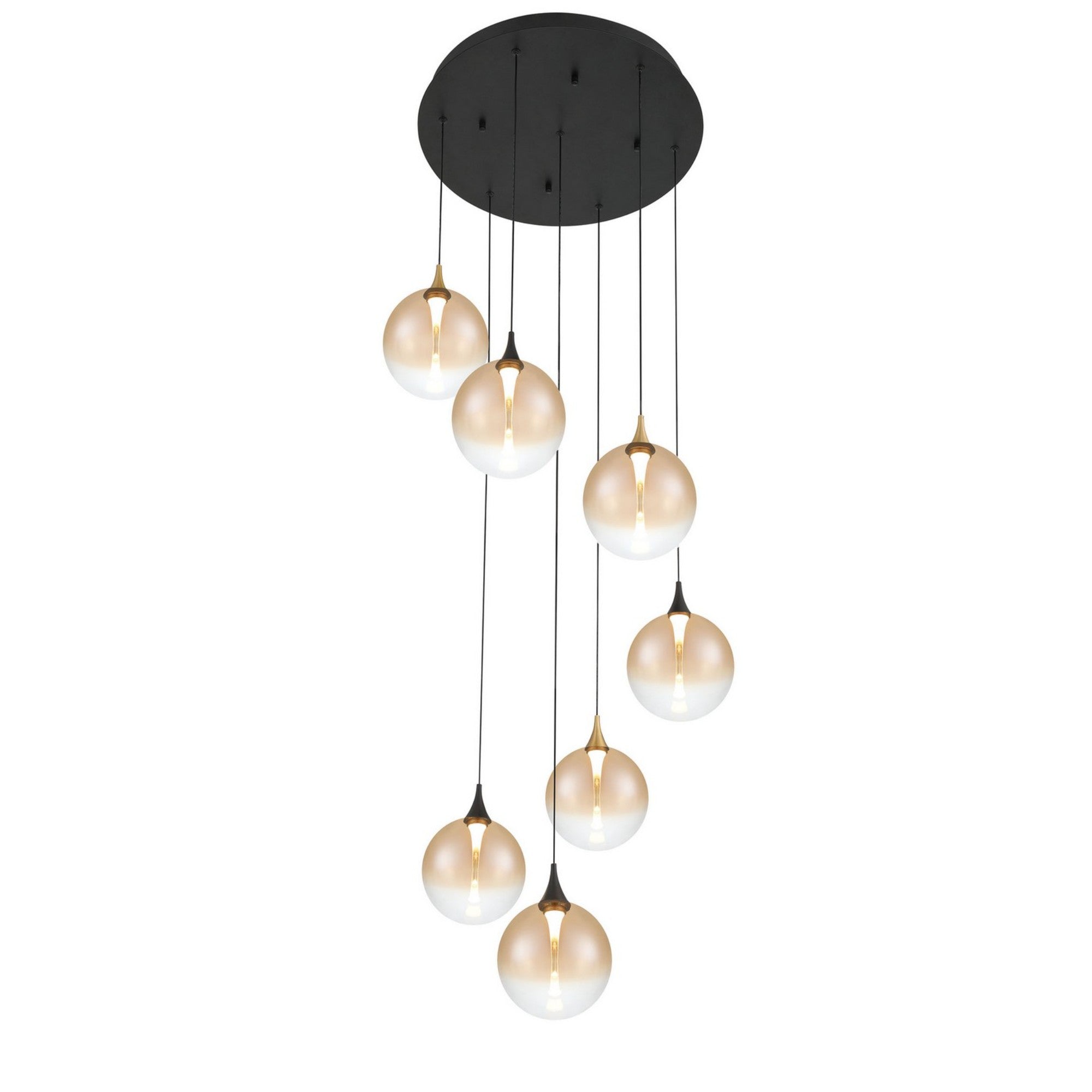Iissa 7-Light 21" LED Multi Drop Chandelier, Gold & Black Finish with Amber Glass - Bees Lighting