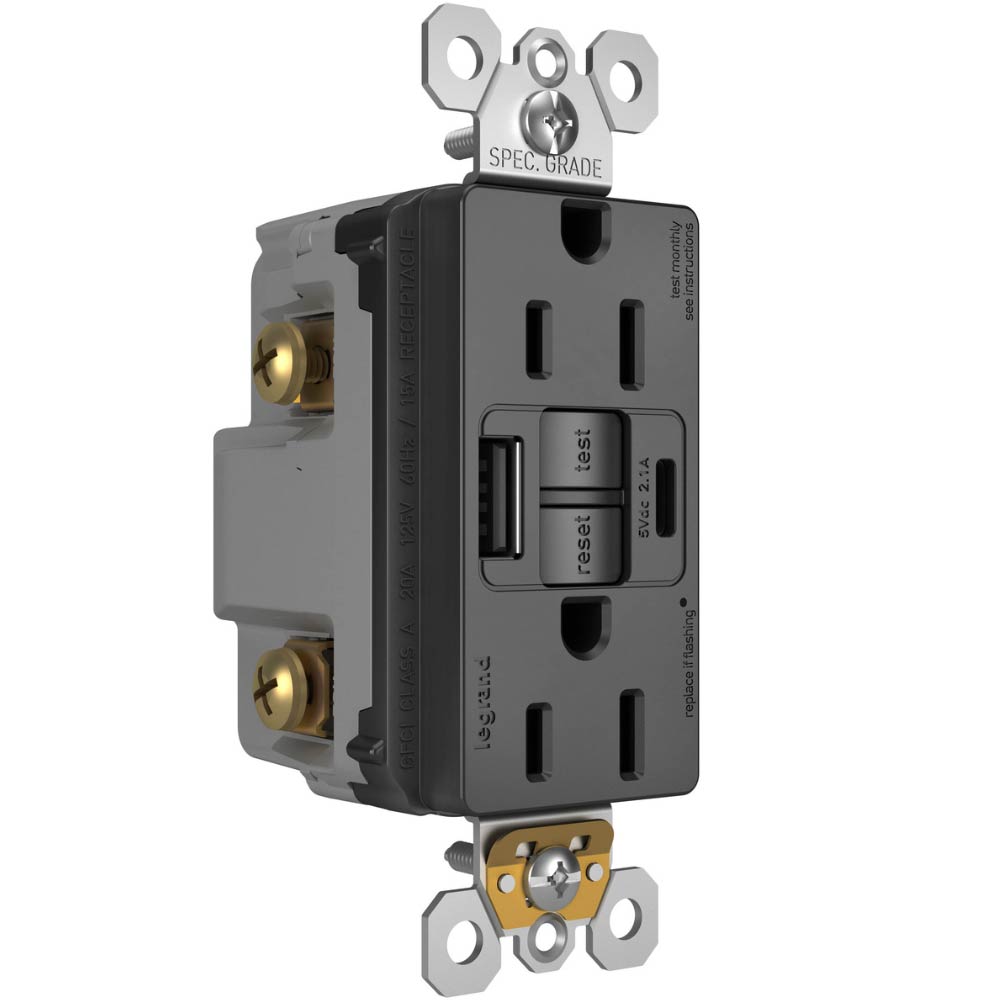 radiant Tamper-Resistant 15A Self-Test GFCI Receptacles, USB Type A/C, Black - Bees Lighting