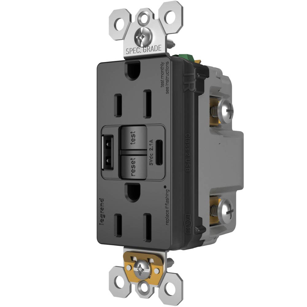 radiant Tamper-Resistant 15A Self-Test GFCI Receptacles, USB Type A/C, Black - Bees Lighting