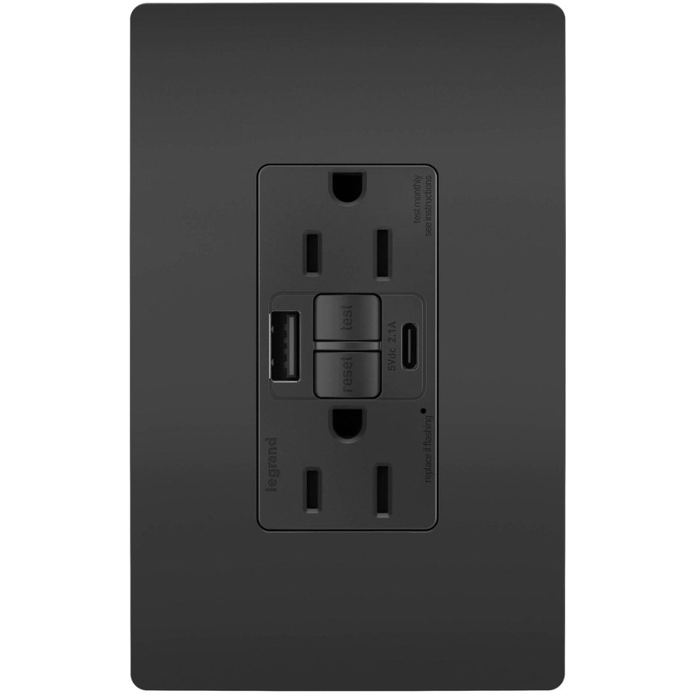 radiant Tamper-Resistant 15A Self-Test GFCI Receptacles, USB Type A/C, Black - Bees Lighting