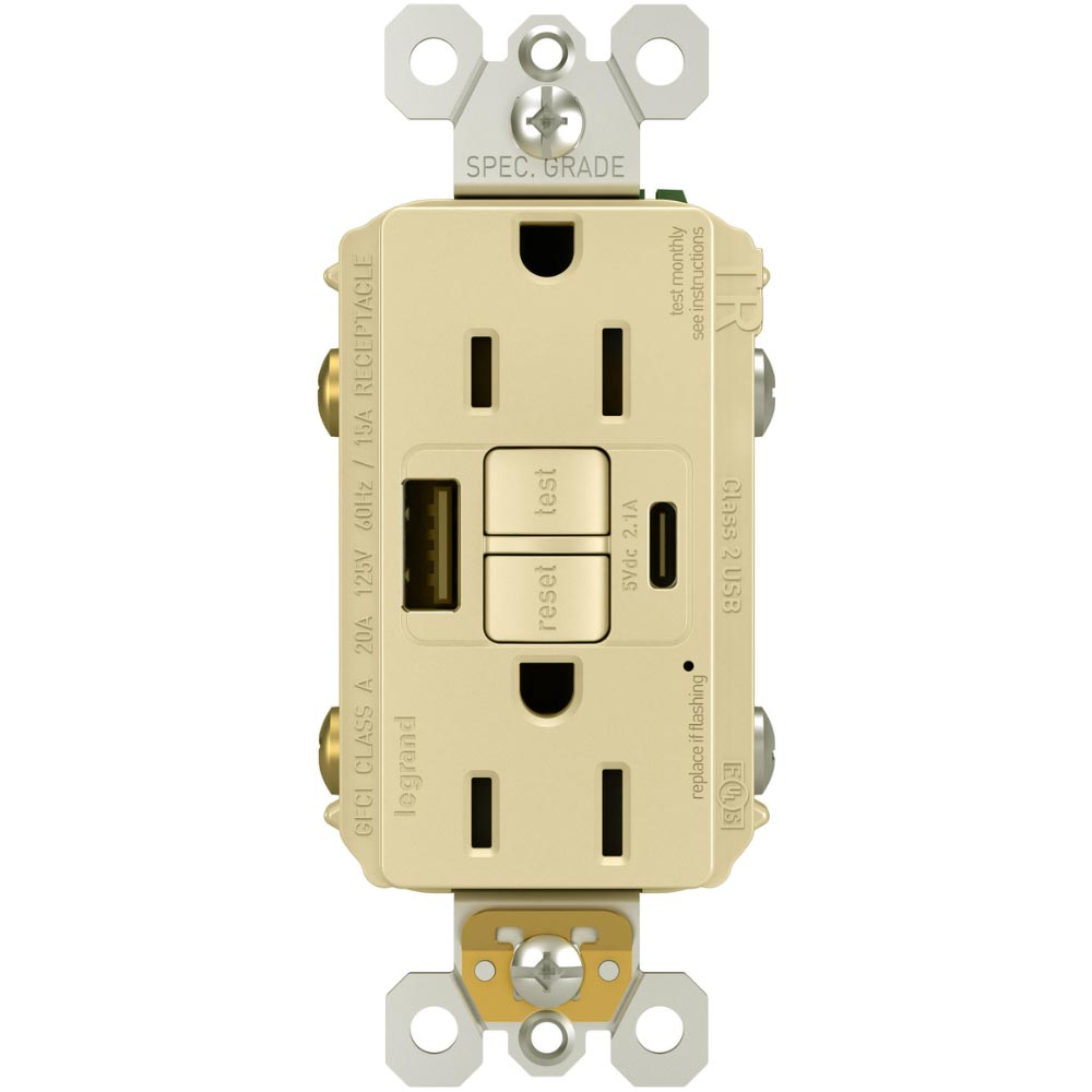 radiant Tamper-Resistant 15A Self-Test GFCI Receptacles, USB Type A/C, Ivory - Bees Lighting