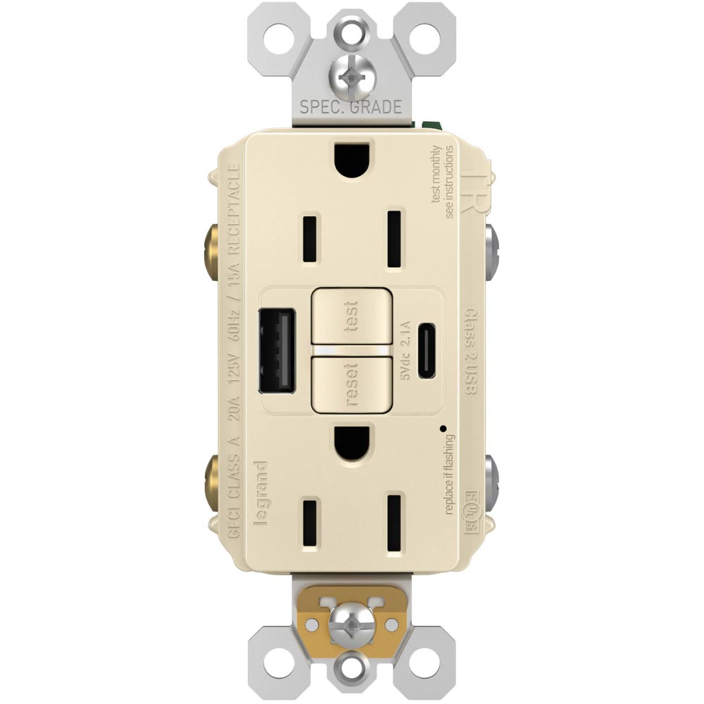 radiant Tamper-Resistant 15A Self-Test GFCI Receptacles, USB Type A/C, Light Almond - Bees Lighting