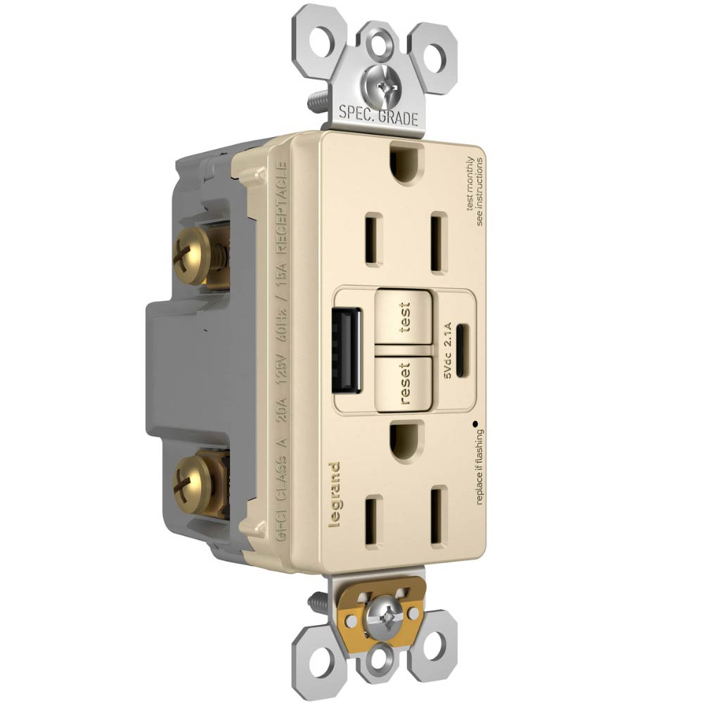 radiant Tamper-Resistant 15A Self-Test GFCI Receptacles, USB Type A/C, Light Almond - Bees Lighting