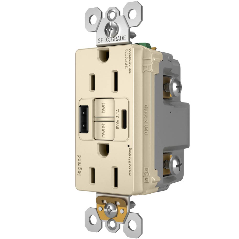 radiant Tamper-Resistant 15A Self-Test GFCI Receptacles, USB Type A/C, Light Almond - Bees Lighting