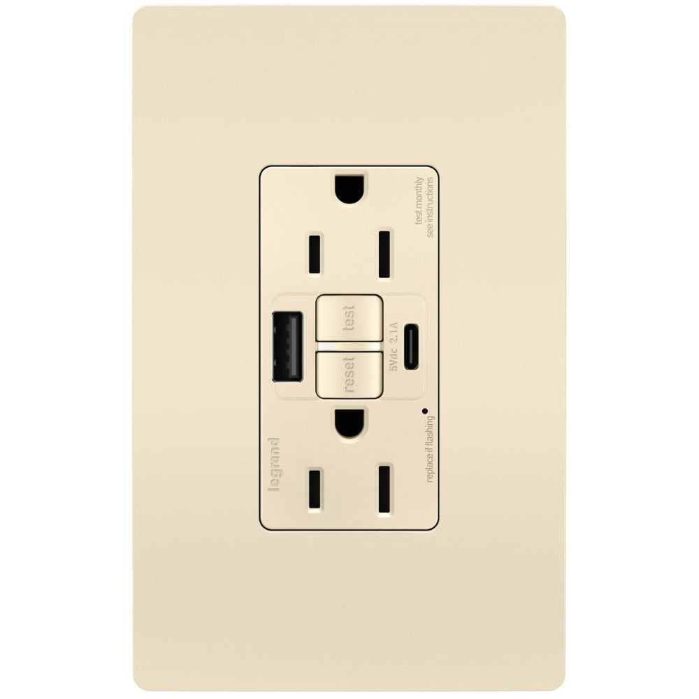 radiant Tamper-Resistant 15A Self-Test GFCI Receptacles, USB Type A/C, Light Almond - Bees Lighting