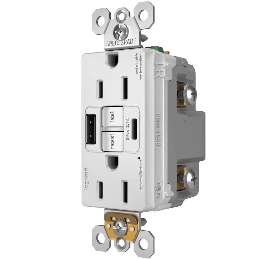 radiant Tamper-Resistant 15A Duplex Self-Test GFCI Receptacles, USB Type A/C, White - Bees Lighting