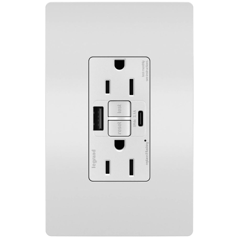 radiant Tamper-Resistant 15A Duplex Self-Test GFCI Receptacles, USB Type A/C, White - Bees Lighting