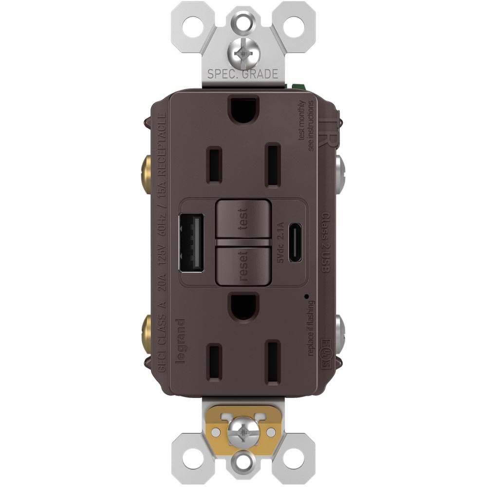 radiant Tamper-Resistant 15A Self-Test GFCI Receptacles, USB Type A/C, Brown - Bees Lighting