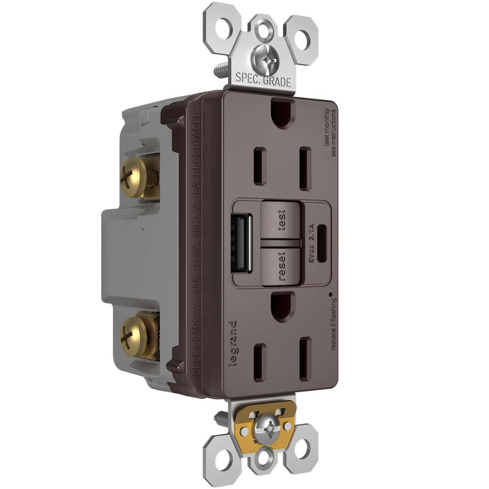 radiant Tamper-Resistant 15A Self-Test GFCI Receptacles, USB Type A/C, Brown - Bees Lighting