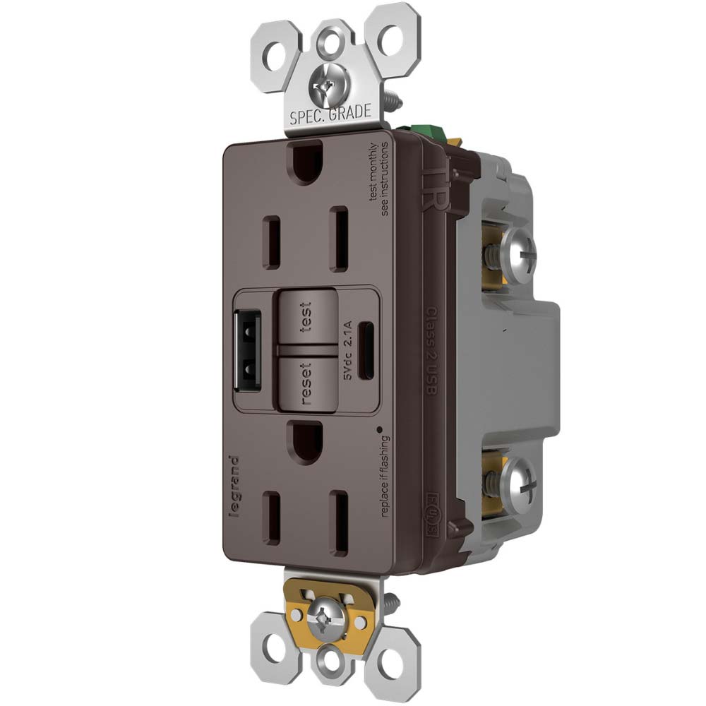radiant Tamper-Resistant 15A Self-Test GFCI Receptacles, USB Type A/C, Brown - Bees Lighting