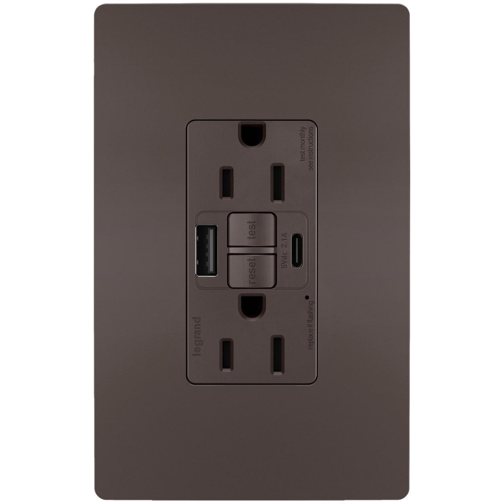 radiant Tamper-Resistant 15A Self-Test GFCI Receptacles, USB Type A/C, Brown - Bees Lighting