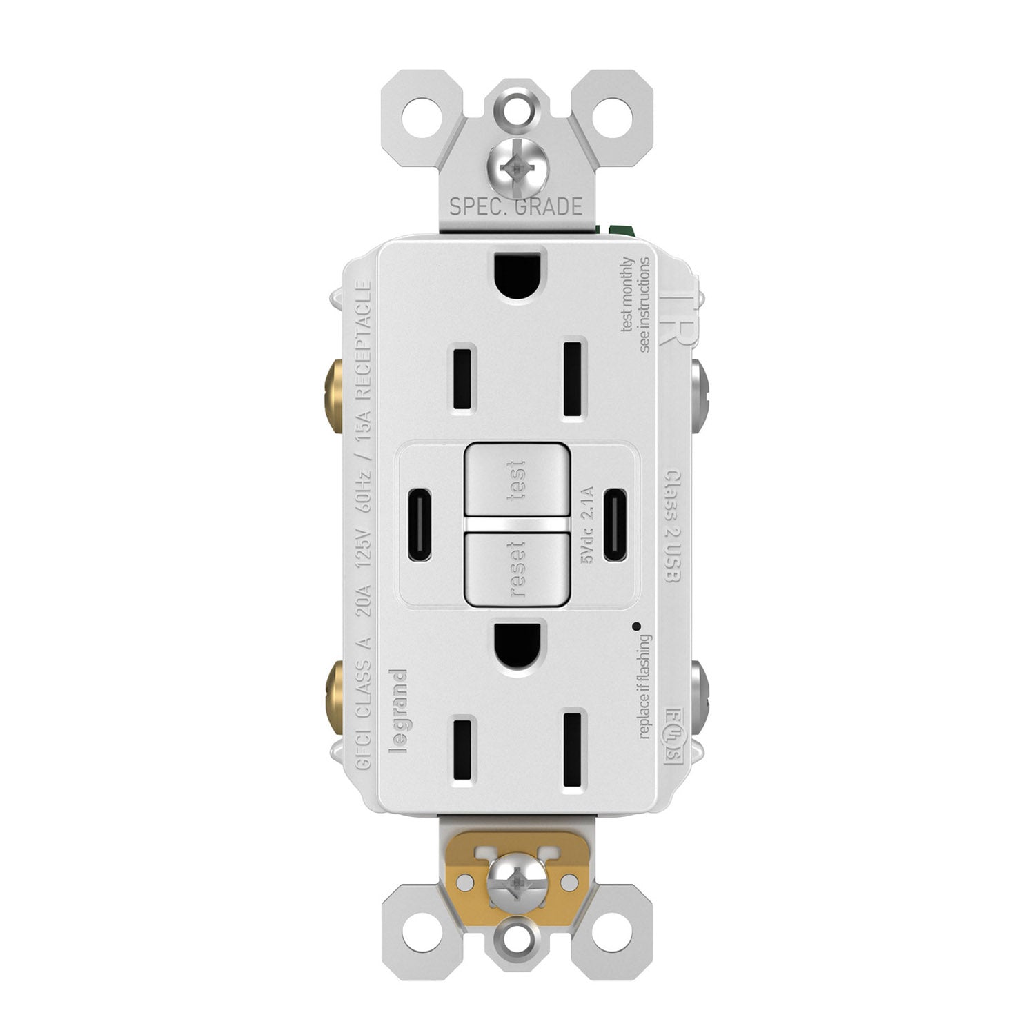 radiant Tamper-Resistant 15A Self-Test GFCI Receptacle, USB Type C/C, White - Bees Lighting
