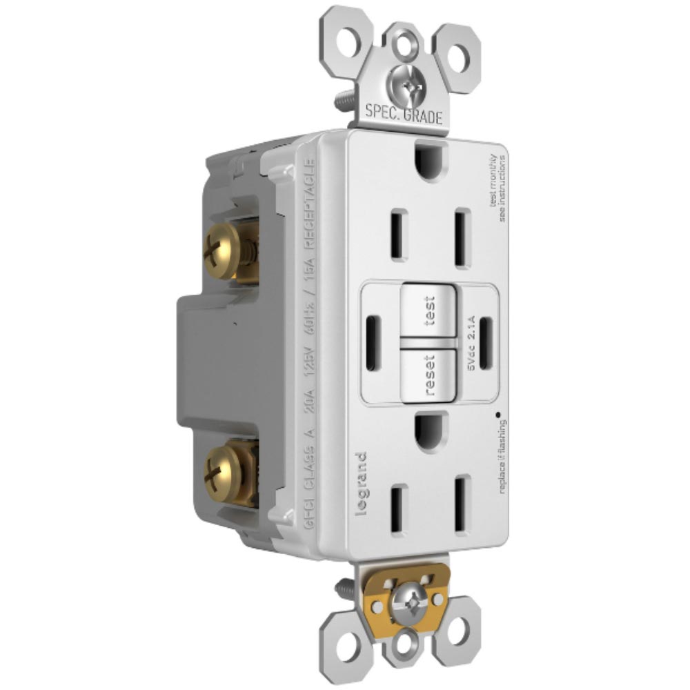 radiant Tamper-Resistant 15A Self-Test GFCI Receptacle, USB Type C/C, White - Bees Lighting