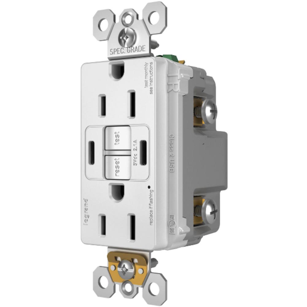 radiant Tamper-Resistant 15A Self-Test GFCI Receptacle, USB Type C/C, White - Bees Lighting