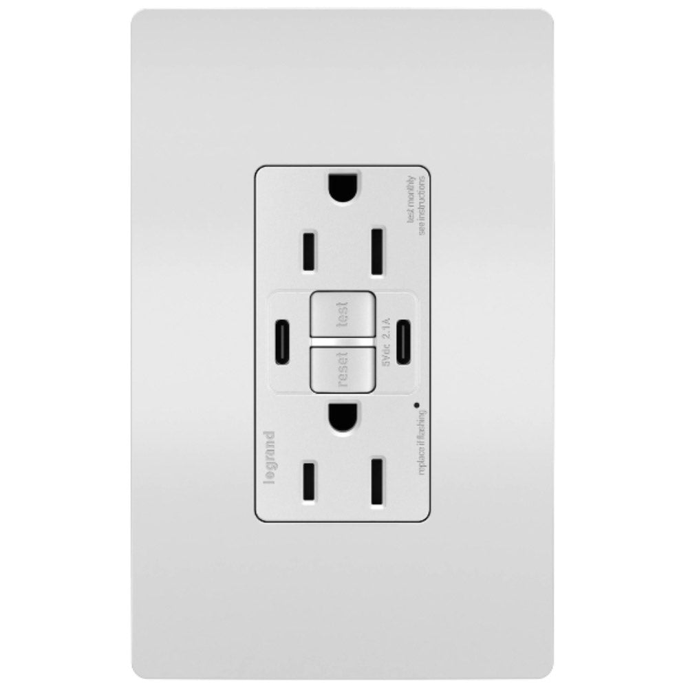 radiant Tamper-Resistant 15A Self-Test GFCI Receptacle, USB Type C/C, White - Bees Lighting