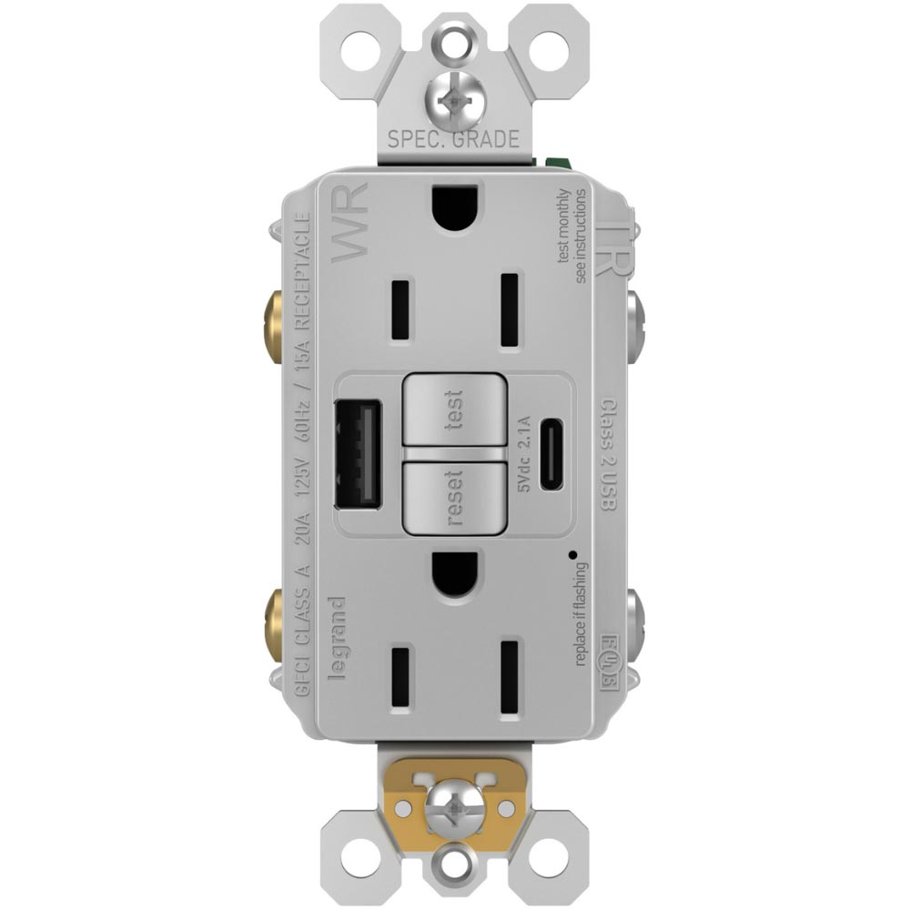 radiant Tamper-Resistant Weather-Resistant 15A GFCI Receptacle, USB Type A/C, Gray - Bees Lighting