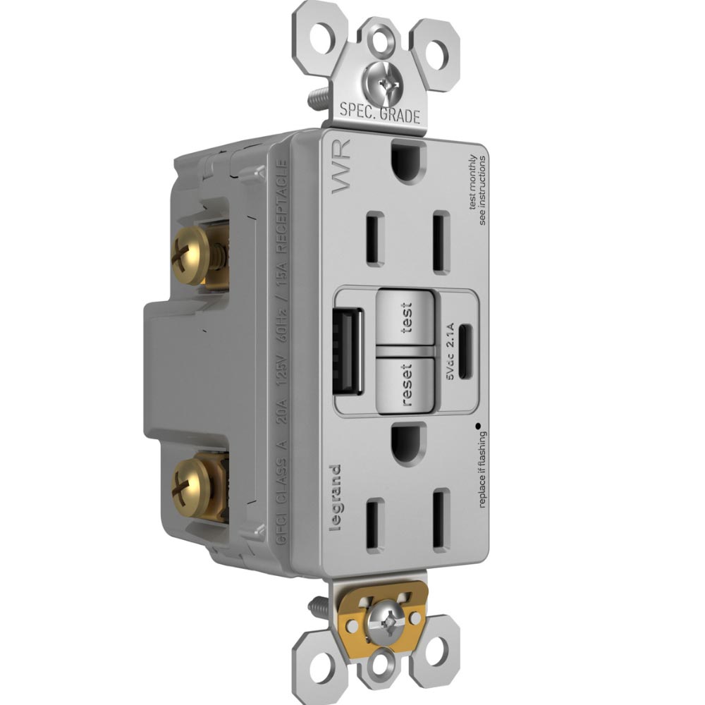 radiant Tamper-Resistant Weather-Resistant 15A GFCI Receptacle, USB Type A/C, Gray - Bees Lighting