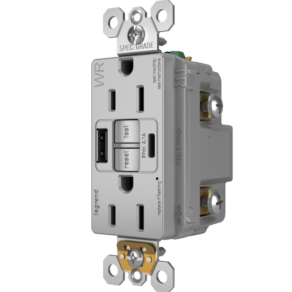 radiant Tamper-Resistant Weather-Resistant 15A GFCI Receptacle, USB Type A/C, Gray - Bees Lighting