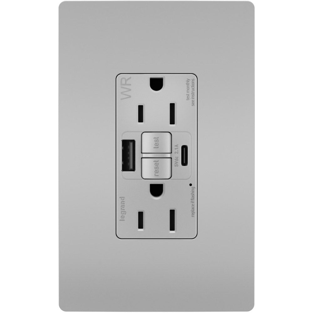 radiant Tamper-Resistant Weather-Resistant 15A GFCI Receptacle, USB Type A/C, Gray - Bees Lighting