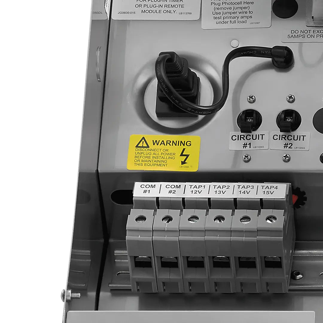 Electrical landscape transformer with wiring and labels on a white background