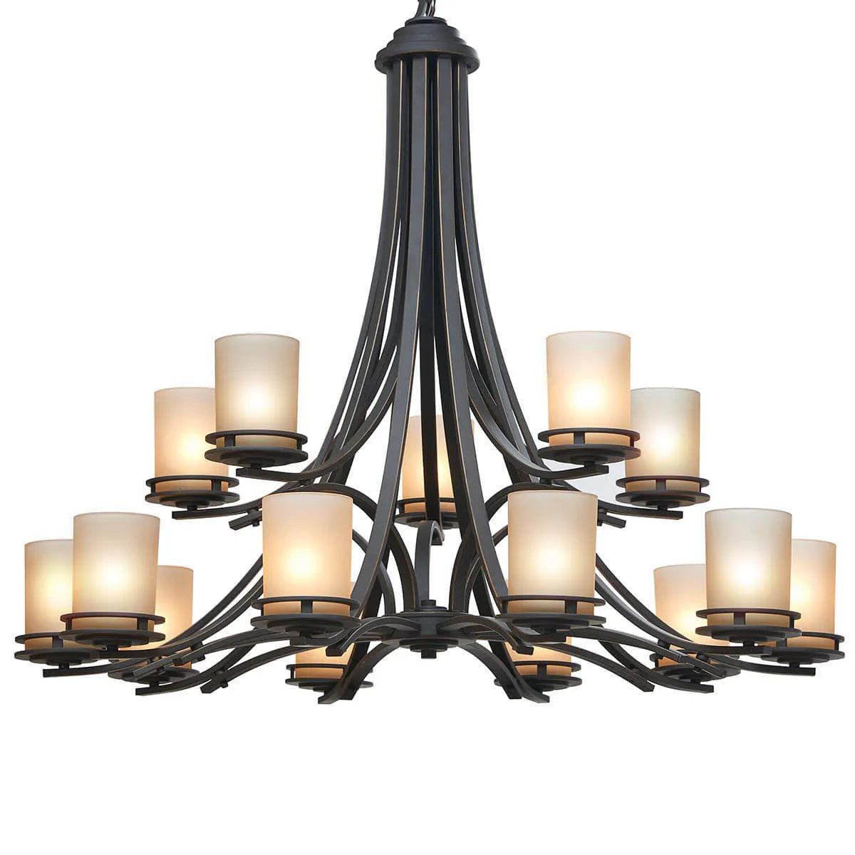 Hendrik 42" 15-Light Chandelier Multi-Tier with Satin etched umber Glass, Olde bronze Finish - Bees Lighting