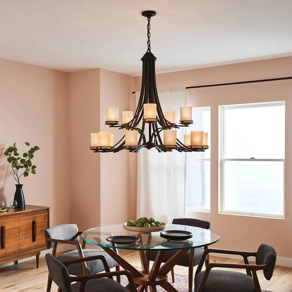 Hendrik 42" 15-Light Chandelier Multi-Tier with Satin etched umber Glass, Olde bronze Finish - Bees Lighting