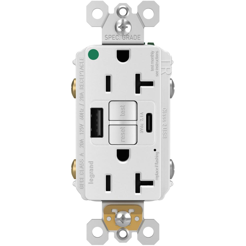 Hospital Grade Tamper-Resistant 20A Self-Test GFCI Receptacle, USB Type A/C, White - Bees Lighting