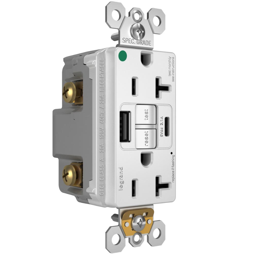 Hospital Grade Tamper-Resistant 20A Self-Test GFCI Receptacle, USB Type A/C, White - Bees Lighting
