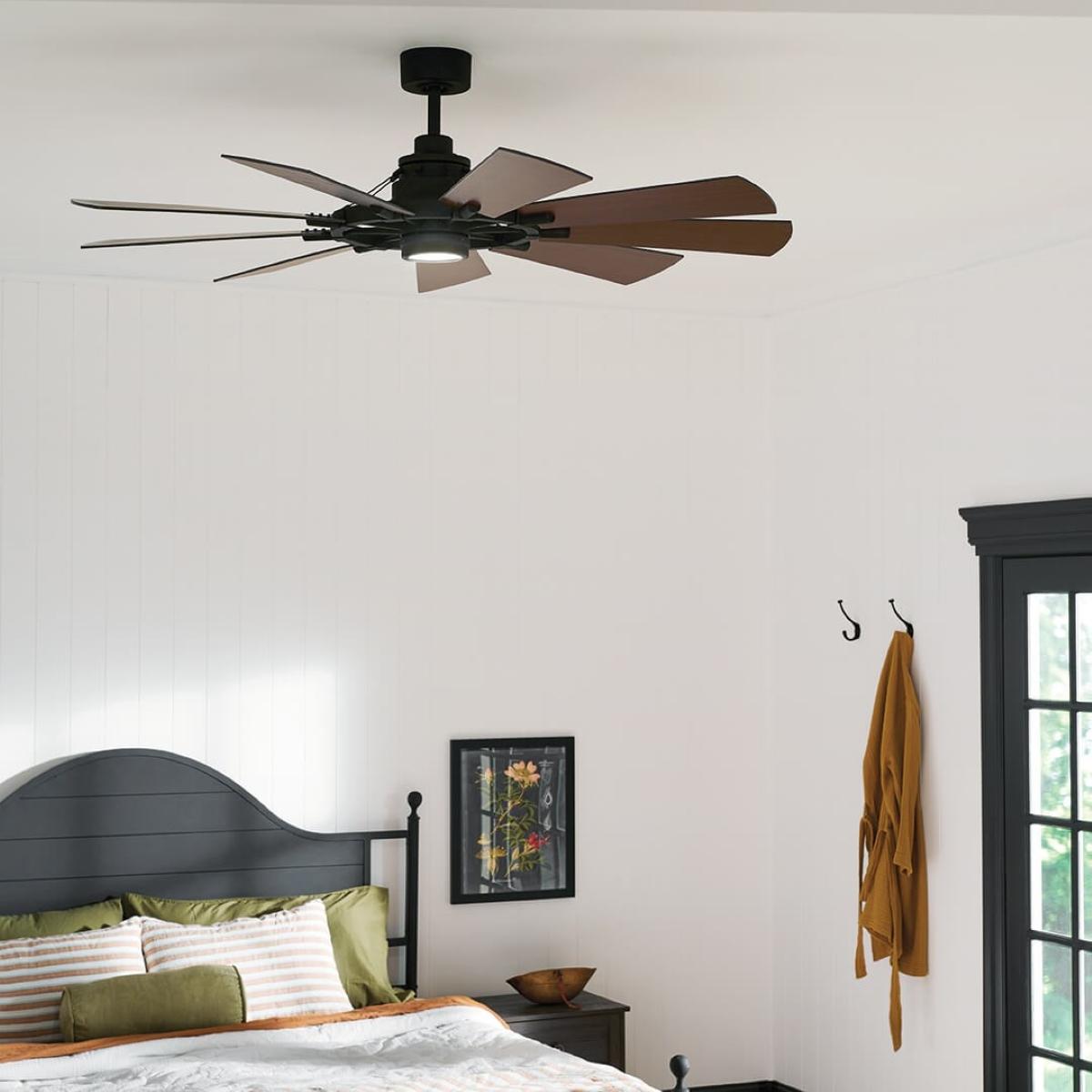Gentry 60 Inch Anvil Iron LED Wagon Wheel Ceiling Fan with Wall Control - Bees Lighting