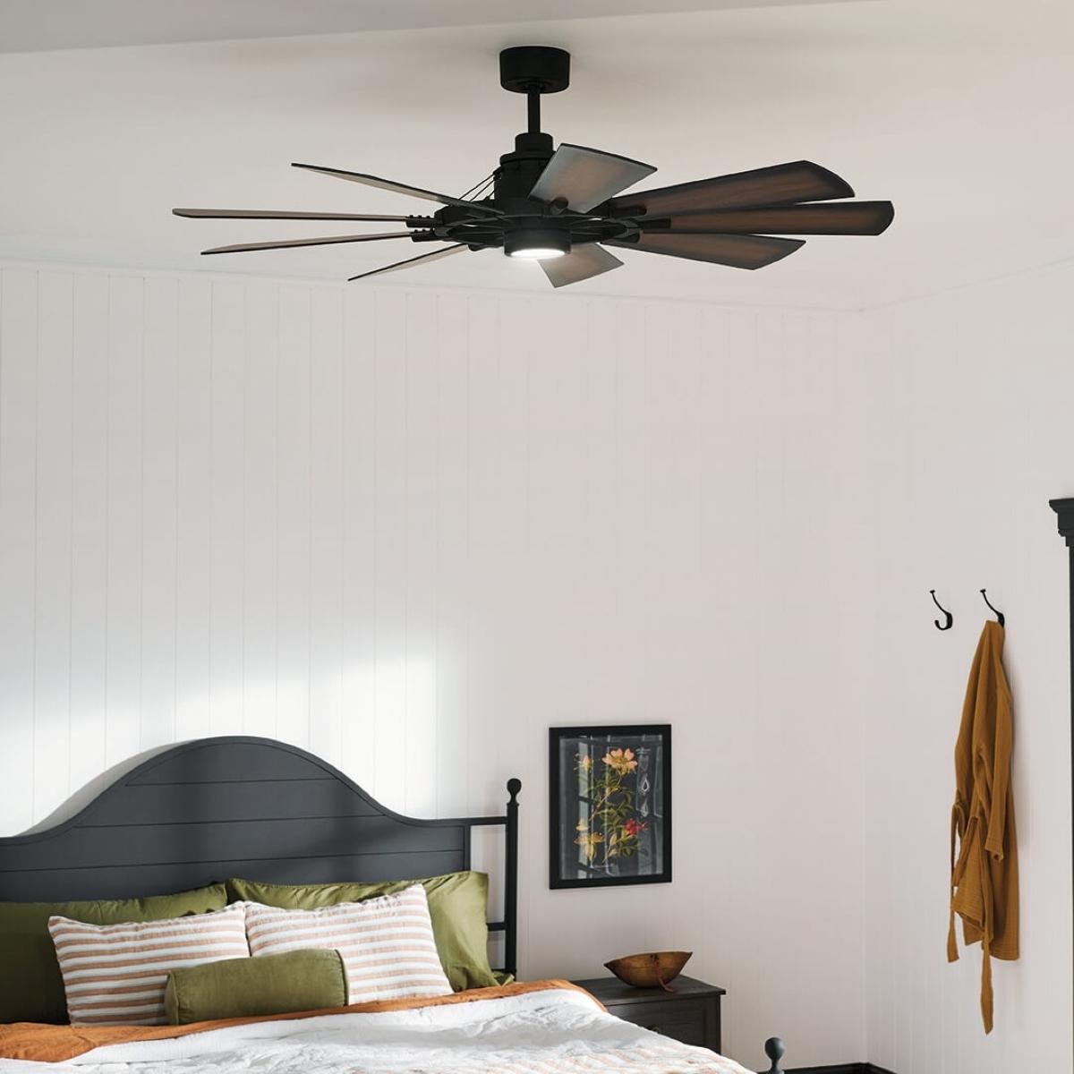 Gentry 60 Inch Distressed Black LED Wagon Wheel Ceiling Fan with Wall Control - Bees Lighting