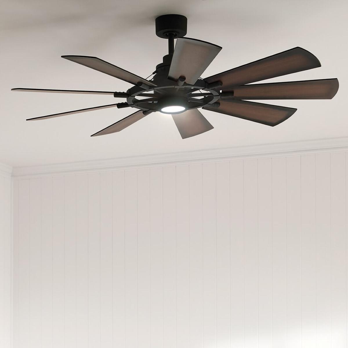 Gentry 60 Inch Distressed Black LED Wagon Wheel Ceiling Fan with Wall Control - Bees Lighting