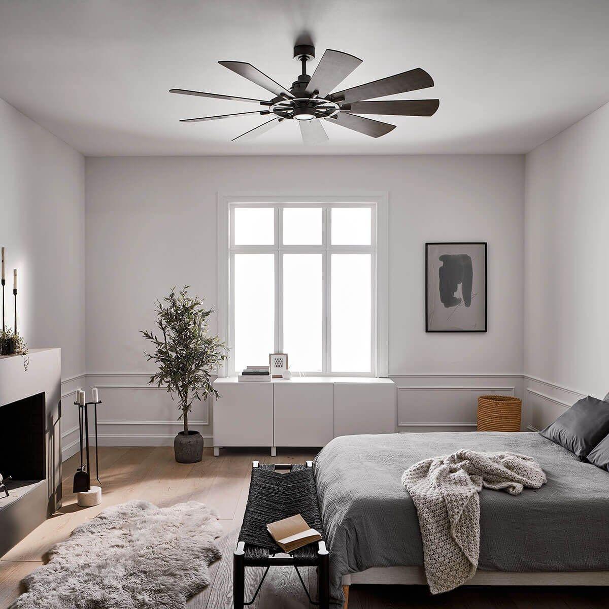 Gentry 65 Inch Anvil Iron LED Wagon Wheel Ceiling Fan with Wall Control - Bees Lighting