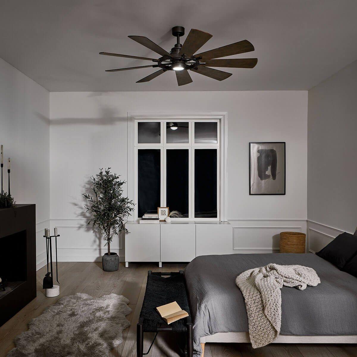 Gentry 65 Inch Anvil Iron LED Wagon Wheel Ceiling Fan with Wall Control - Bees Lighting