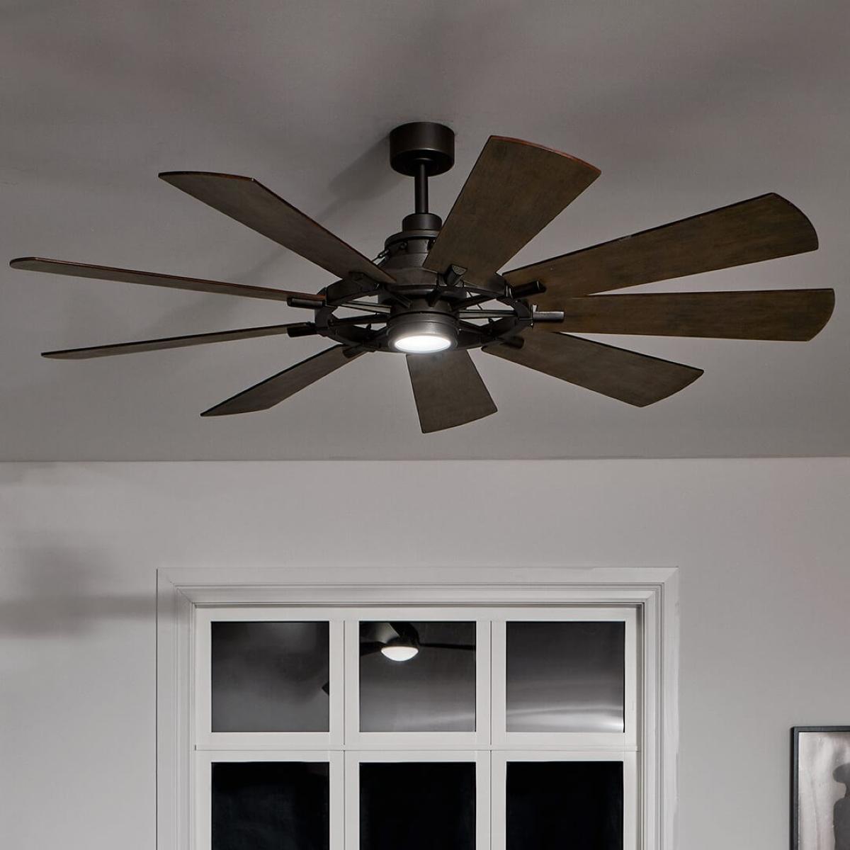 Gentry 65 Inch Anvil Iron LED Wagon Wheel Ceiling Fan with Wall Control - Bees Lighting