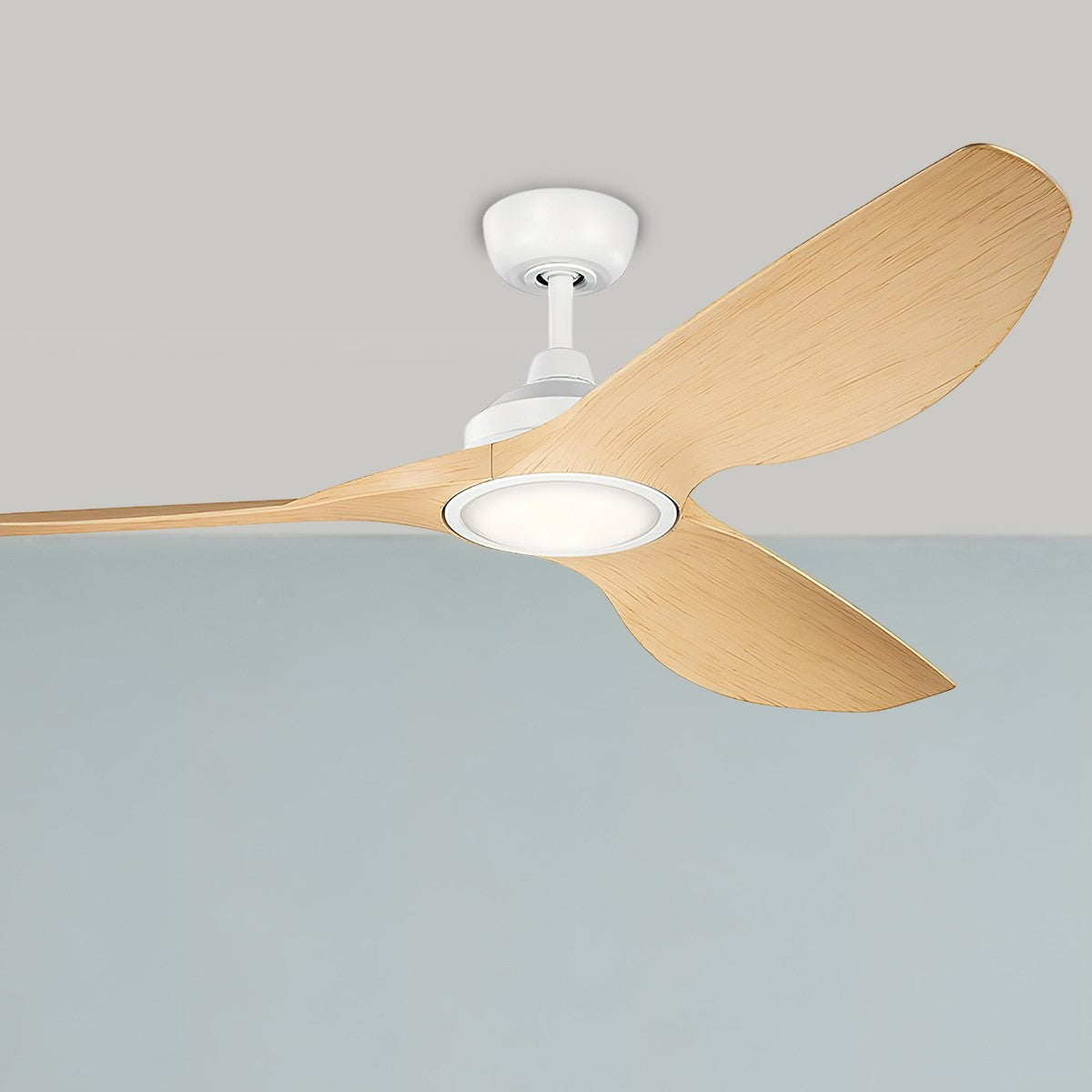 Imari 65 Inch Matte White and Light Oak LED Propeller Ceiling Fan with Wall Control - Bees Lighting