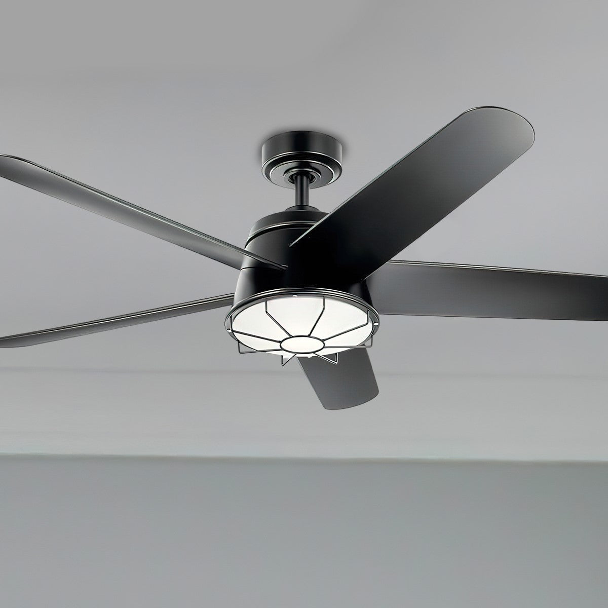 Daya 54 Inch Satin Black Caged Damp Rated LED Ceiling Fan with Remote - Bees Lighting